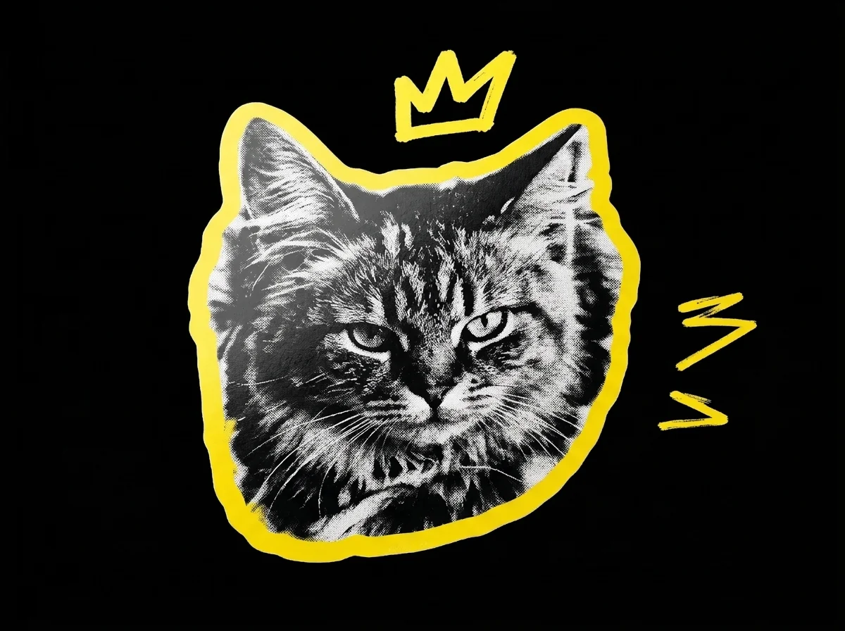 Стикер на намусена котка с жълта корона